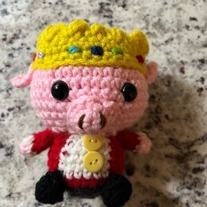 Crochet Pig King Toy with Yellow Crown